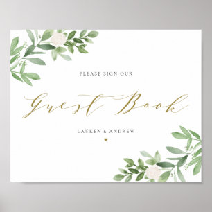 Gästebuch mit Aquarell-Grün und weißen Blumen