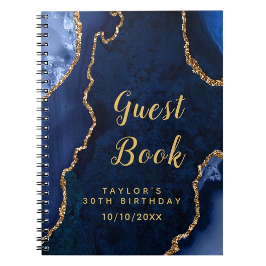 Gästebuch Navy und Gold Agate Birthday Notizblock (Vorderseite)