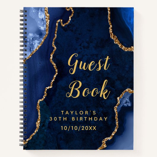 Gästebuch Navy und Gold Agate Birthday Notizblock (Vorderseite)
