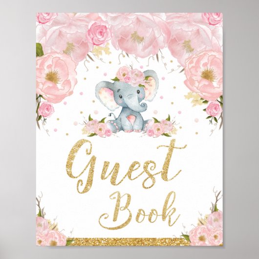 Gästebuch Pink Floral Elephant Baby Dusche Schild (Vorne)