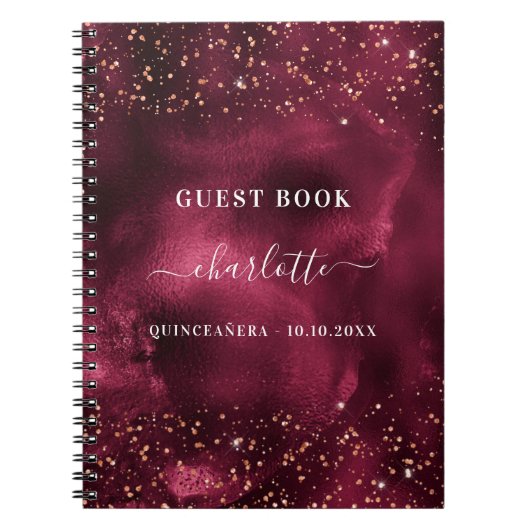 Gästebuch Quinceanera burgundy Rose Gold Glitzer Notizblock (Vorderseite)
