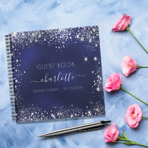 Gästebuch Quinceanera Marinevy Silber Glitzer Notizblock