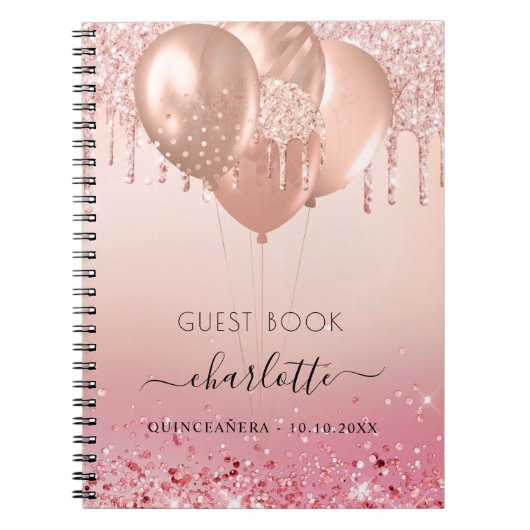 Gästebuch Quinceanera Rose Gold Rosa Glitzer Notizblock (Vorderseite)
