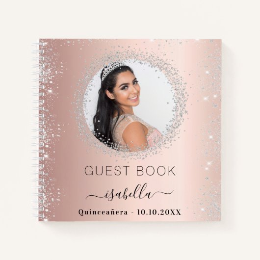 Gästebuch Quinceanera Rose Gold Silber Foto Notizblock (Vorderseite)