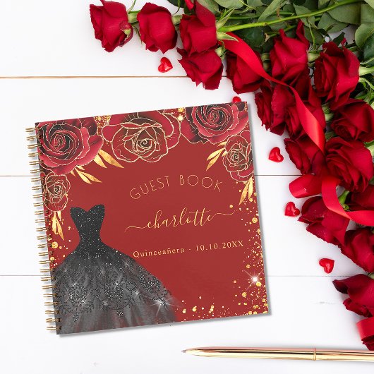 Gästebuch Quinceanera rotes goldenes Kleid Notizblock
