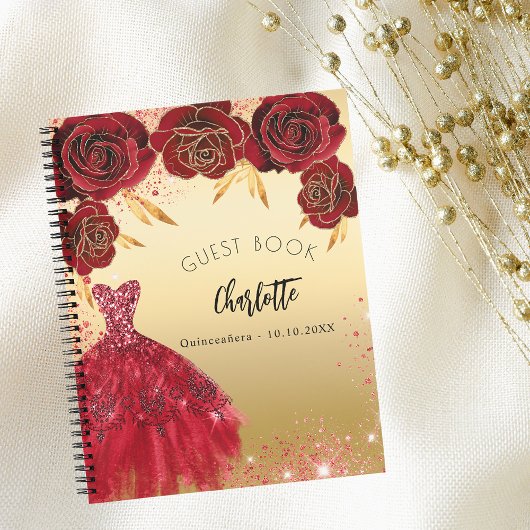 Gästebuch Quinceanera Rotgold Glitzer Kleid Notizblock