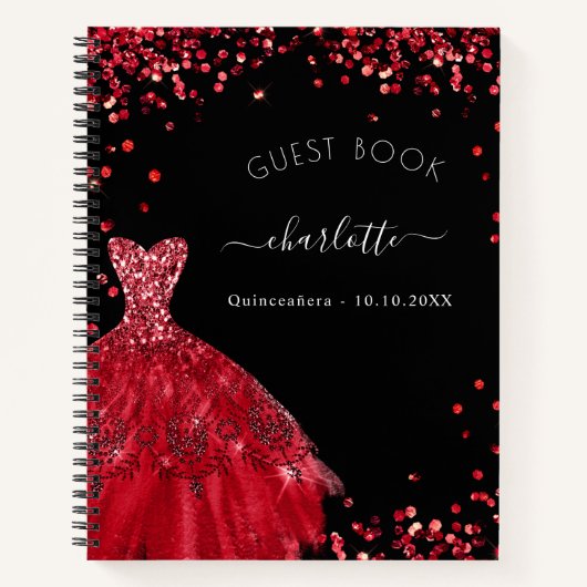 Gästebuch Quinceanera Schwarz Glitzer Kleid Notizblock (Vorderseite)