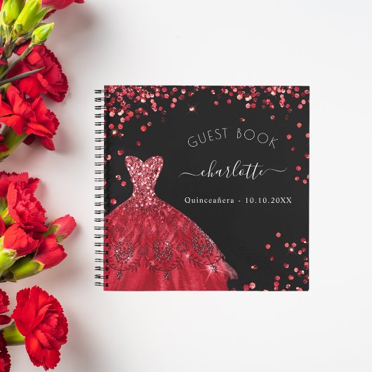Gästebuch Quinceanera Schwarz Glitzer Kleid Notizblock