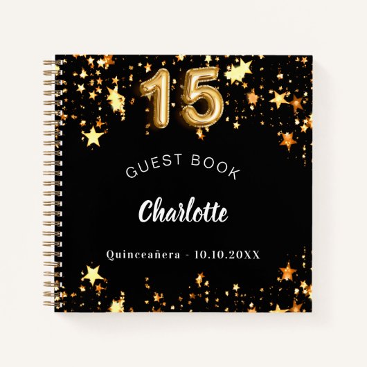 Gästebuch Quinceanera schwarze goldene Sterne Notizblock (Vorderseite)