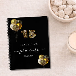 Gästebuch Quinceanera schwarze Goldleoparden Ballo Notizblock
