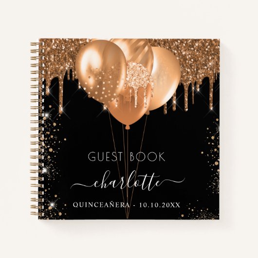 Gästebuch Quinceanera Schwarzer Glitzer Ballons Notizblock (Vorderseite)
