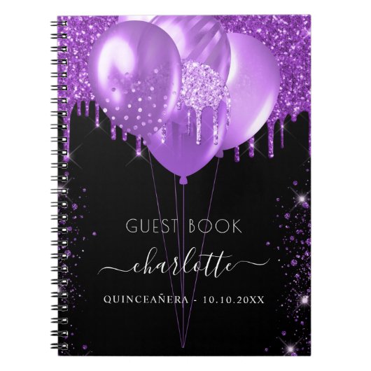 Gästebuch Quinceanera schwarzer lila Glitzer Name Notizblock (Vorderseite)