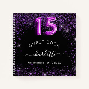 Gästebuch Quinceanera schwarzer lila Glitzer Name Notizblock