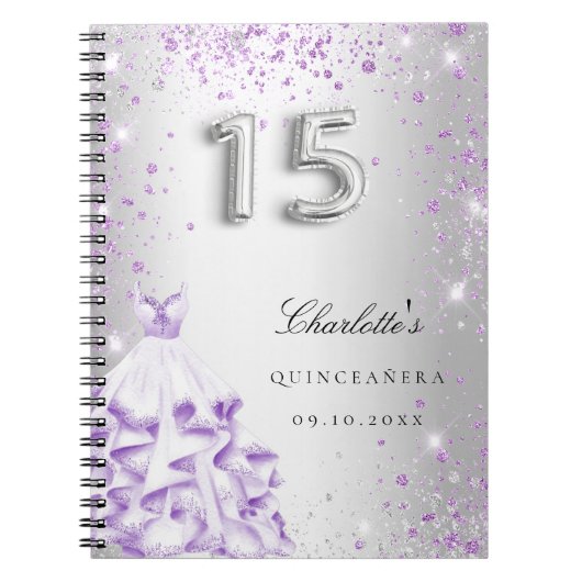 Gästebuch Quinceanera Silber lila Glitzer Kleid Notizblock (Vorderseite)
