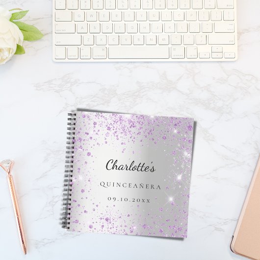 Gästebuch Quinceañera Silber lila Glitzer Name Notizblock