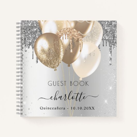 Gästebuch Quinceanera Silbergold Glitzer Ballon Notizblock (Vorderseite)