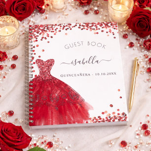 Gästebuch Quinceanera weiß rotes Kleid Glitter Notizblock
