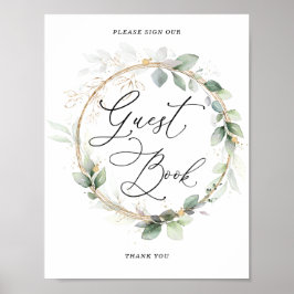Gästebuch-Schild für Brautparty mit Grün und Gold Poster