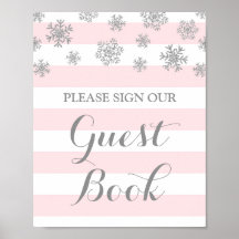 Gästebuch Schild Silber Schnee Rosa Streifen