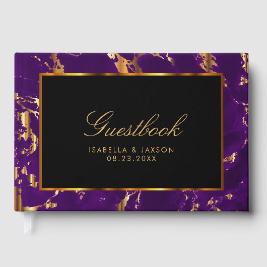 Gästebuch - Schwarz, Gold und Lila Marmor (Vorderseite)