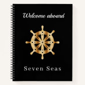 Gästebuch schwarzer Yachtname Gold Lenkrad Notizblock (Vorderseite)