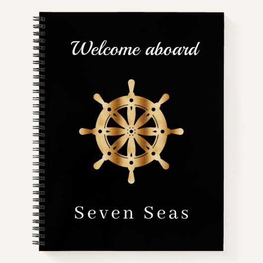Gästebuch schwarzer Yachtname Gold Lenkrad Notizblock (Vorderseite)