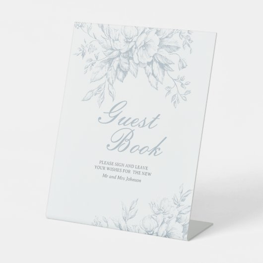 Gästebuch Sign Floral Blue Toile Hochzeit Sockelschild (Vorderseite)