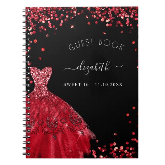 Gästebuch Sweet 16 Black Red Dress Glitzer Notizblock (Vorderseite)