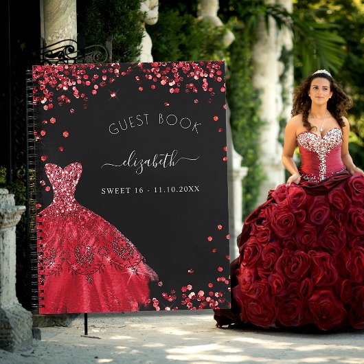 Gästebuch Sweet 16 Black Red Dress Glitzer Notizblock