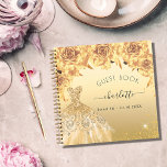 Gästebuch Sweet 16 Gold Glitzer Kleid Notizblock<br><div class="desc">Für eine süße 16,  16. Geburtstagsfeier. Ein goldener Hintergrund mit Imitaten Glitzer Staub,  ein Kleid und goldene Rose,  Blumenmuster. Der Name ist mit einem modernen handgeschriebenen Stilskript geschrieben. Personalisieren und fügen Sie einen Namen und ein Datum hinzu.</div>