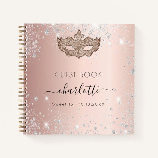 Gästebuch Sweet 16 masquerade Rose Gold Notizblock (Vorderseite)
