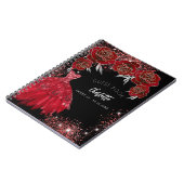 Gästebuch Sweet 16 Red Black Glitzer Kleid Notizblock (Linke Seite)