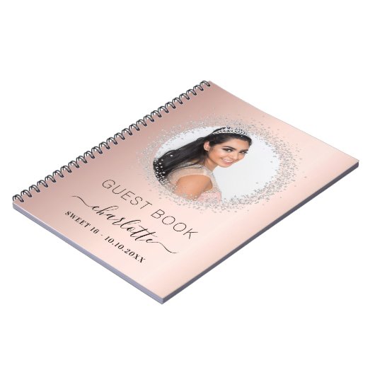 Gästebuch Sweet 16 Rose Gold Silber Foto Notizblock (Linke Seite)