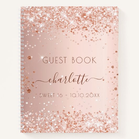 Gästebuch Sweet 16 Rose Goldrot Glitzern Notizblock (Vorderseite)