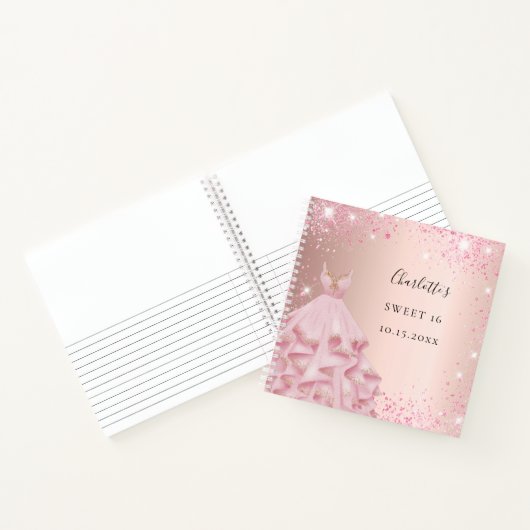 Gästebuch Sweet 16 Rose Schwarz Glitzer Kleid Notizblock (Innenseite)