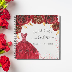 Gästebuch Sweet 16 rot weiß glitzern Kleid Notizblock