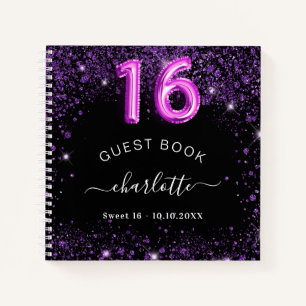 Gästebuch Sweet 16 Schwarz lila Glitzer Name Notizblock