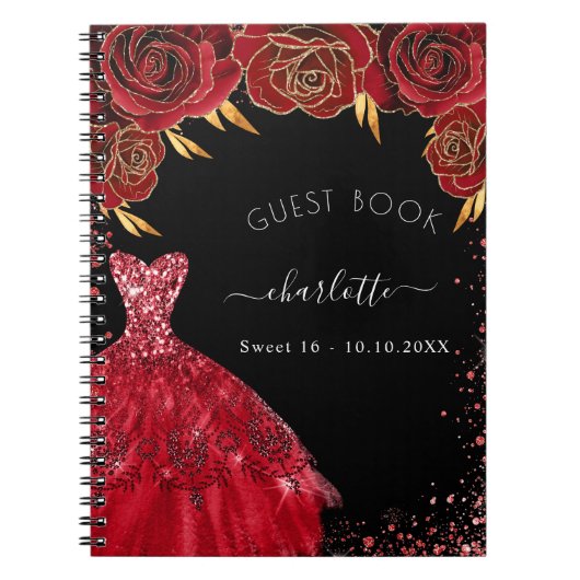 Gästebuch Sweet 16 Schwarz Rot Glitzer Kleid Notizblock (Vorderseite)