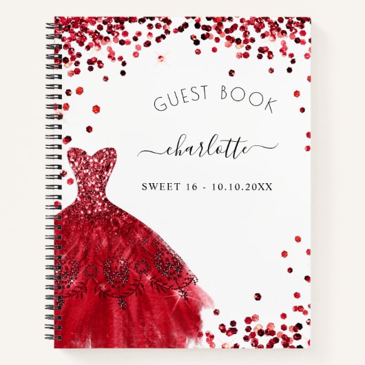 Gästebuch Sweet 16 Schwarz Rot Glitzer Kleid Notizblock (Vorderseite)