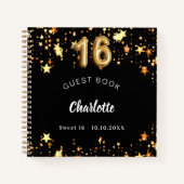 Gästebuch Sweet 16 schwarze goldene Sterne Notizblock (Vorderseite)