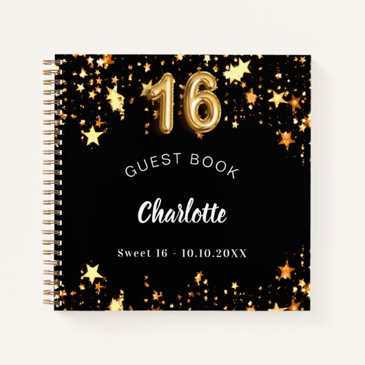 Gästebuch Sweet 16 schwarze goldene Sterne Notizblock (Vorderseite)