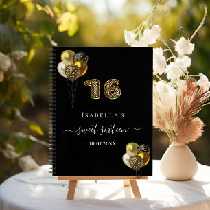 Gästebuch Sweet 16 schwarze Goldleoparden-Ballons Notizblock