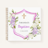 Gästebuch Taufe Wappen Rosa violette Blütenmädchen Notizblock (Vorderseite)