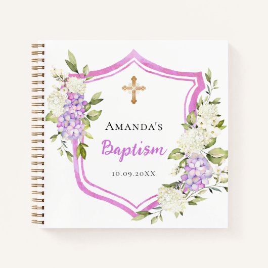 Gästebuch Taufe Wappen Rosa violette Blütenmädchen Notizblock (Vorderseite)