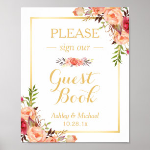 Gästebuch Wedding Sign   Rustikales Gold Orange Fl