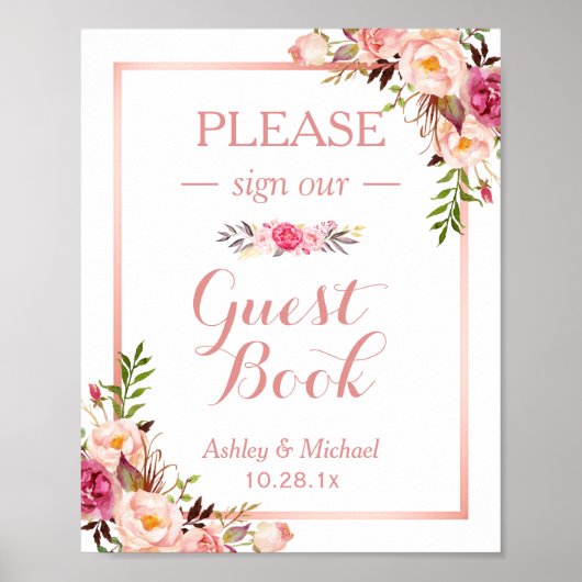 Gästebuch Wedding Sign | Trendy Rose Gold Floral (Vorne)