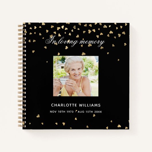 Gästebuchdenkmal Beerdigung schwarze goldene Herze Notizblock (Vorderseite)