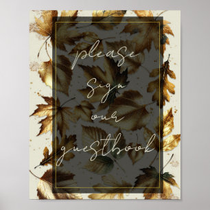 Gästebuchschild Goldene Blätter Mandel Beige & Sch Poster