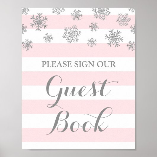 Gästebuchsignatur Silver Snow Pink Stripes Poster (Vorne)