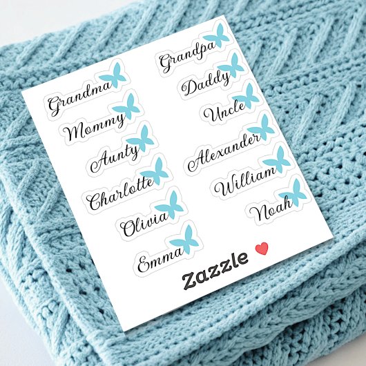 Gästeliste 12 Names Calligraphy Blue Butterfly Aufkleber